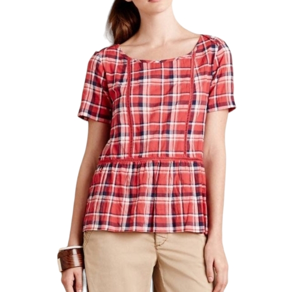 Anthropologie Tops - ⭐️4/25 Anthropologie Plaid Red Blouse Size Small Maeve Short Sleeve